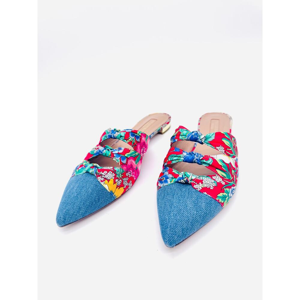 Aquazzura Mondaine Denim Floral Mule Heels Garden Print cottagecore Size EU 38.5